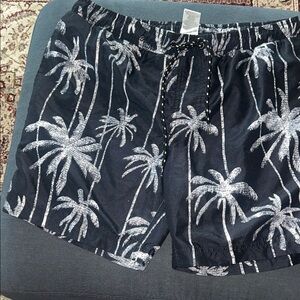 Palm Tree Print Swim Trunks - Black and White